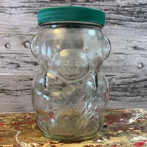 Vintage Clear Bear-Shaped Glass Peanut Butter Jar with Green Lid Coin Bank